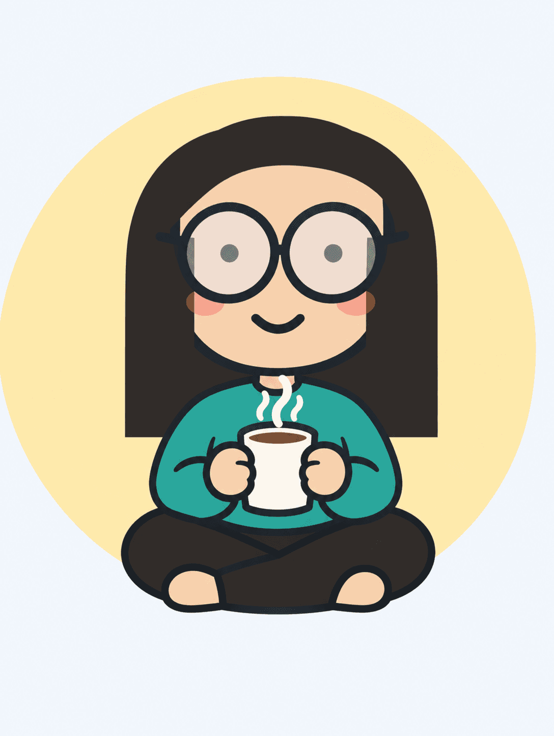Illustration of a girl with glasses sitting cross-legged holding a mug of coffee