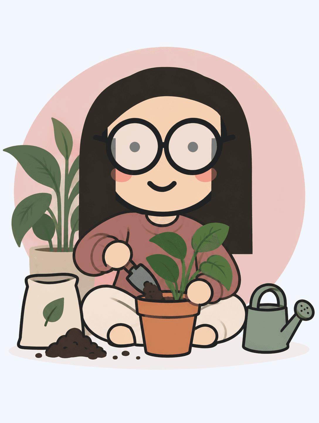 Illustration of a girl with glasses potting a plant, with a watering can and bag of soil